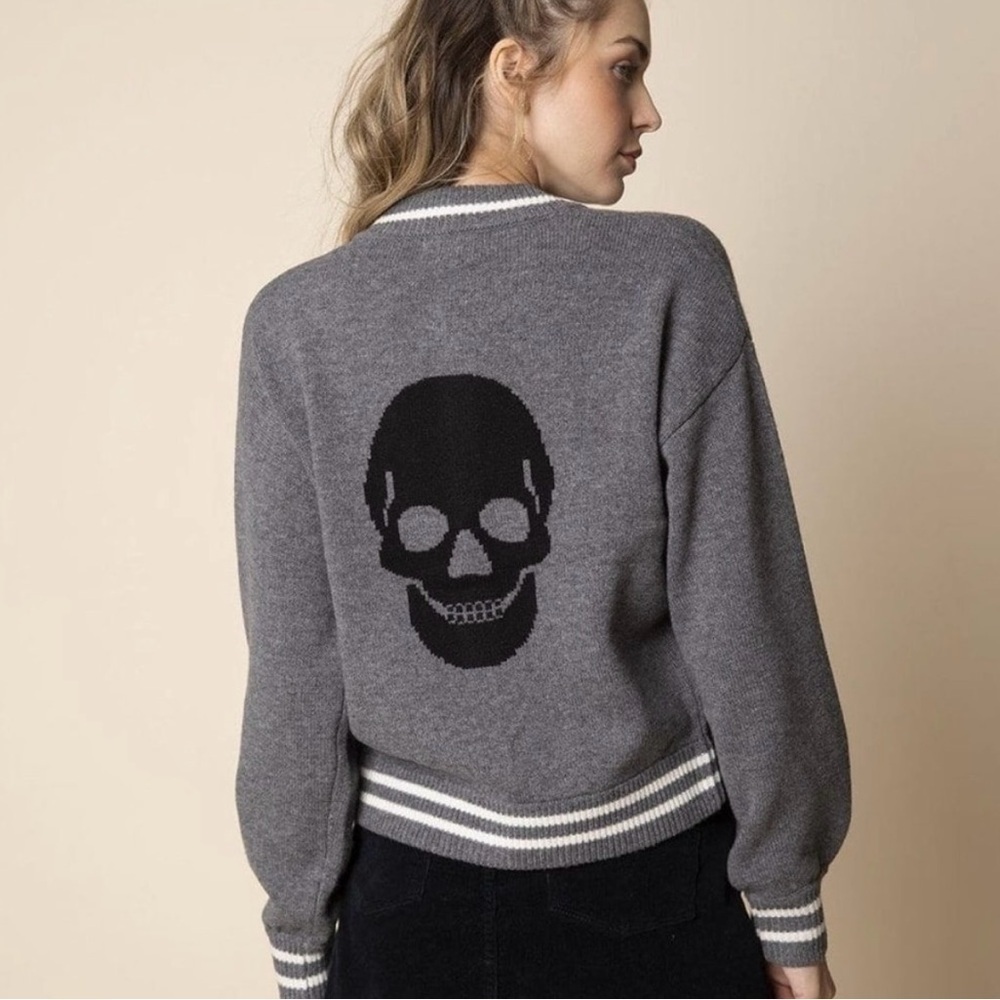 27 Miles Malibu Kiki Skull Cashmere Wool Bomber Cardigan Sweater Gray XS